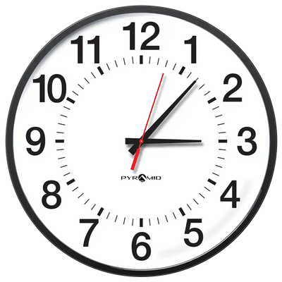A round, black-framed wall clock with a white face, black numbers, and black hour and minute hands, and a red second hand.