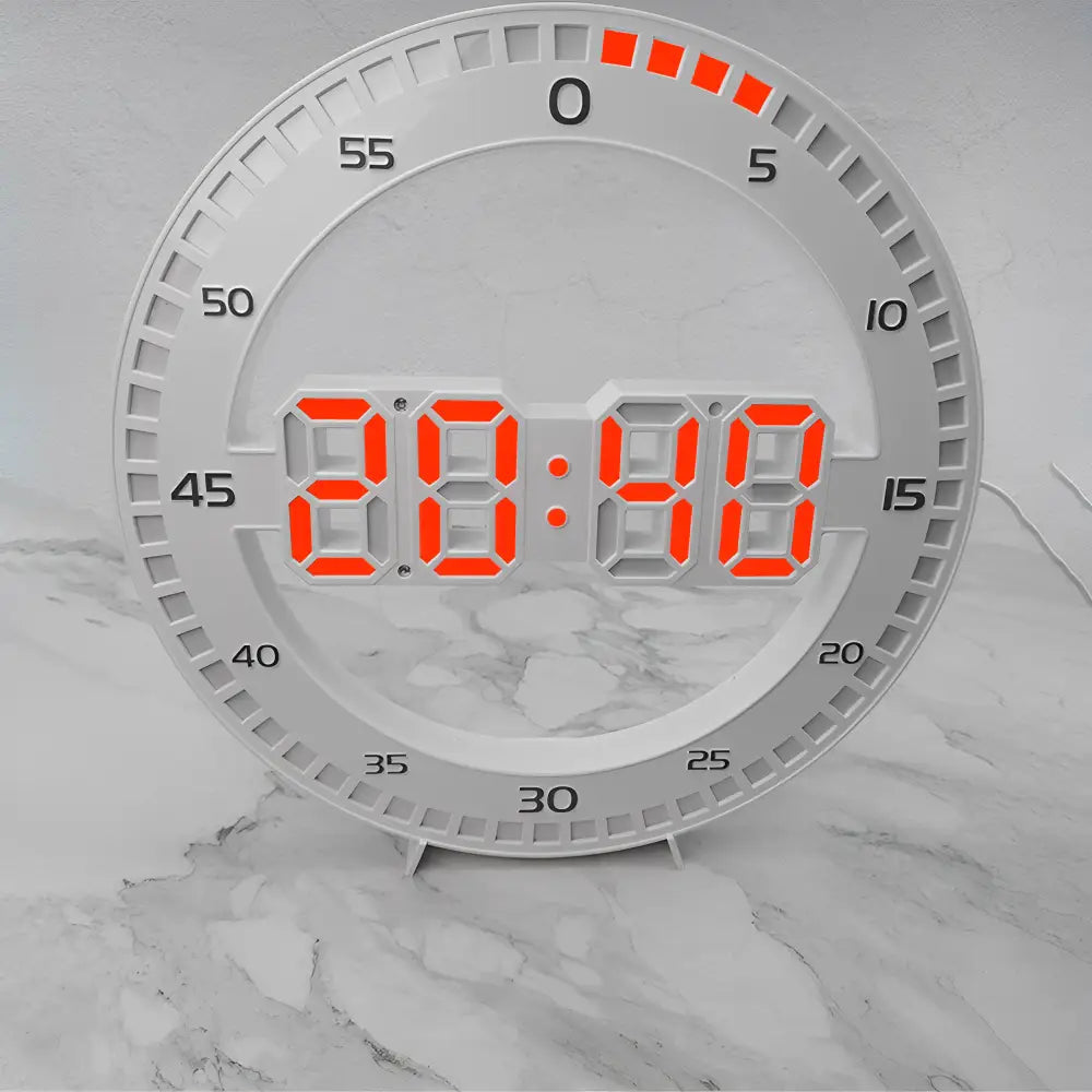 Close-up of 3D LED clock face displaying seconds date and room temperature
