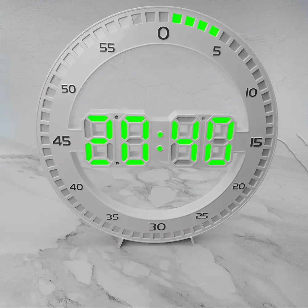 White frame LED wall clock with white LED display in modern kitchen setting