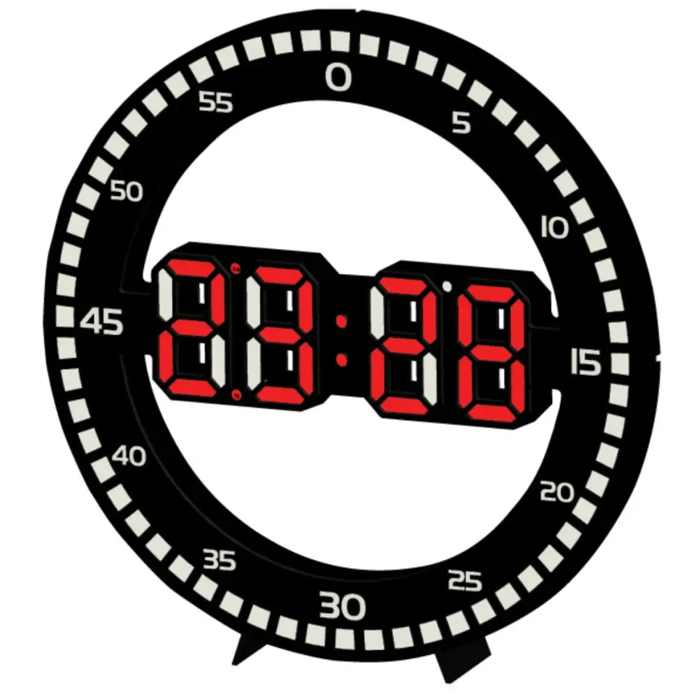3D LED wall clock in black frame with red LED numerals in bedroom setting