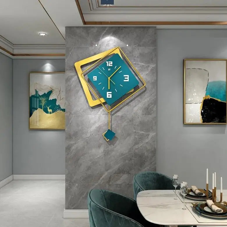 Blue 3D modern wall clock displayed in a contemporary living room