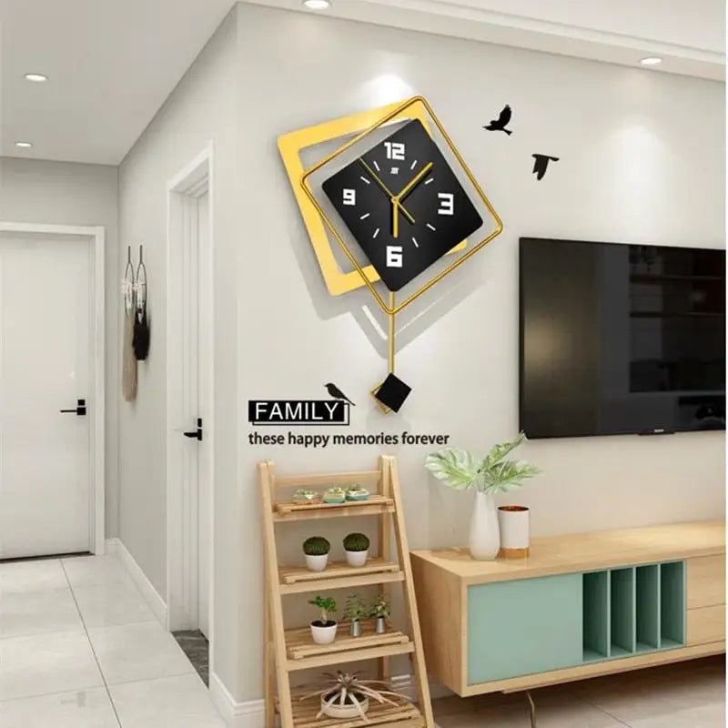 Black geometric wall clock as a focal point above a modern sofa