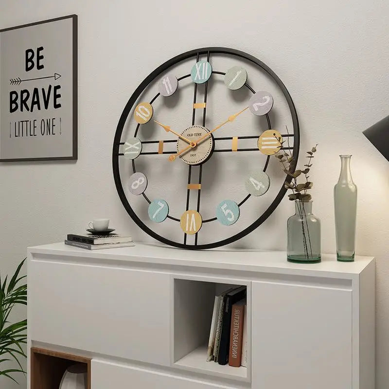 Black 3D retro wall clock 50 cm diameter on living room wall