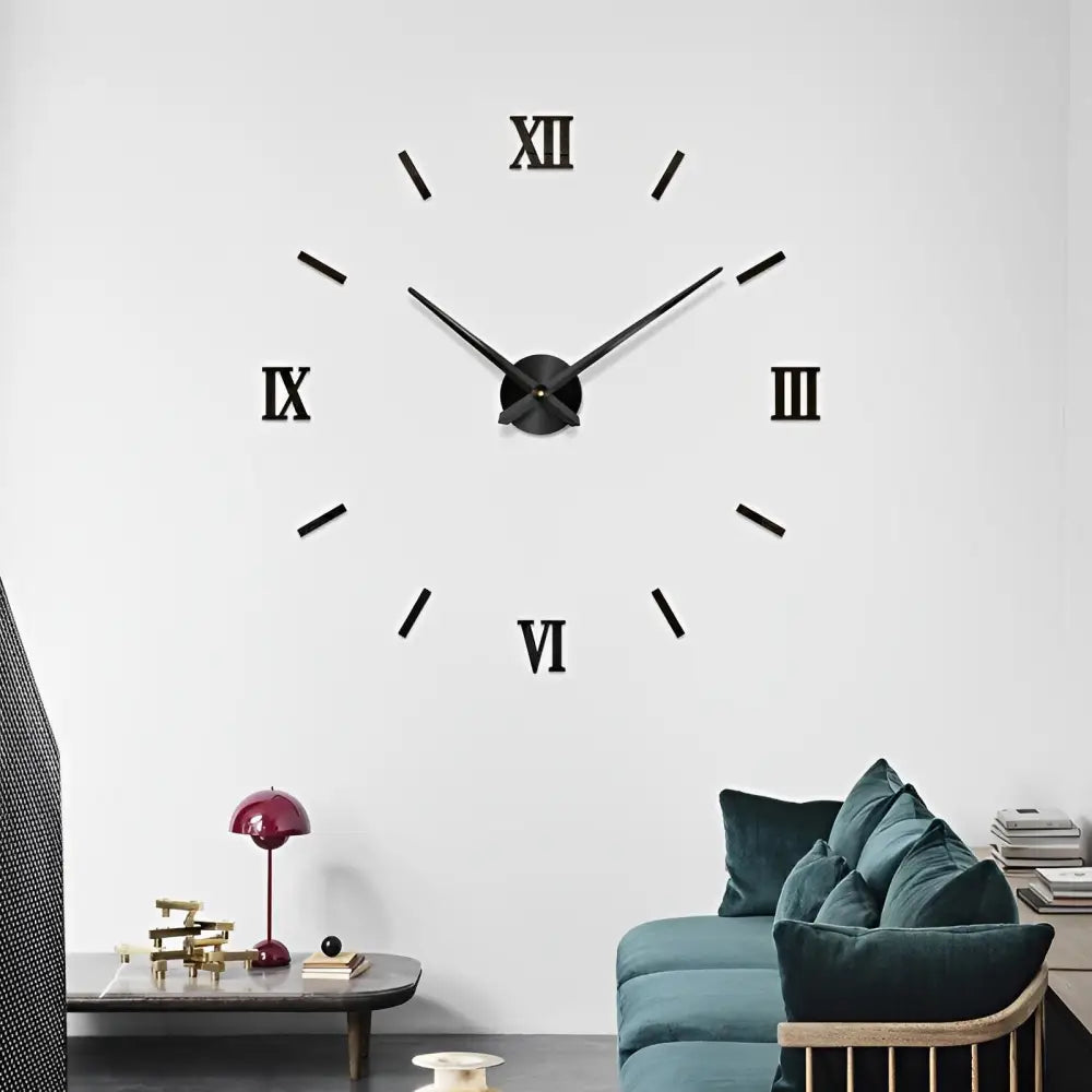 Large 120 cm black 3D wall clock above a modern sofa