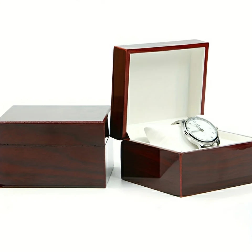 Elegant wooden watch gift box in natural brown wood, closed view