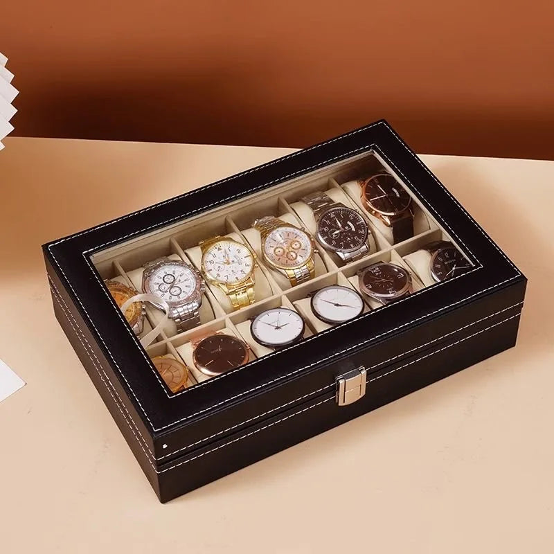 Elegant PU leather watch box with multiple velvet-lined slots open on white surface