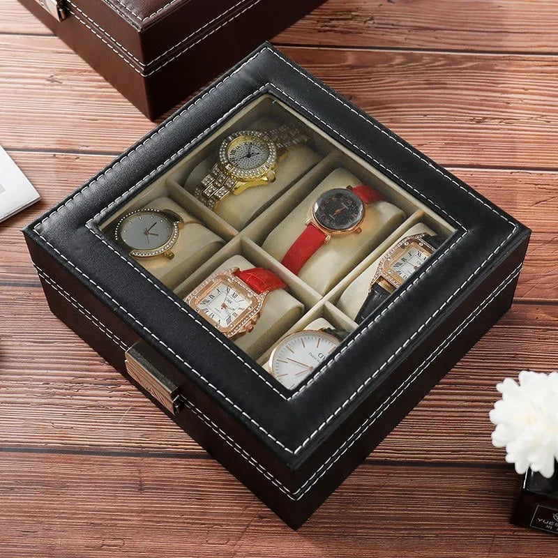 Close-up of watch box secure locking clasp and refined stitching detail