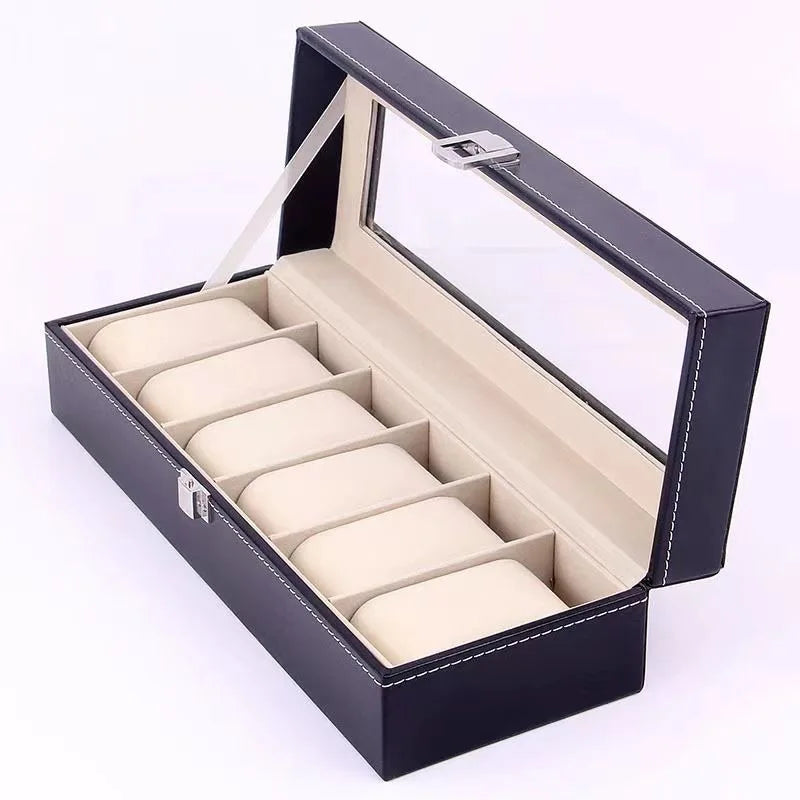 Brown PU leather watch organizer with 12 slots holding assorted watches