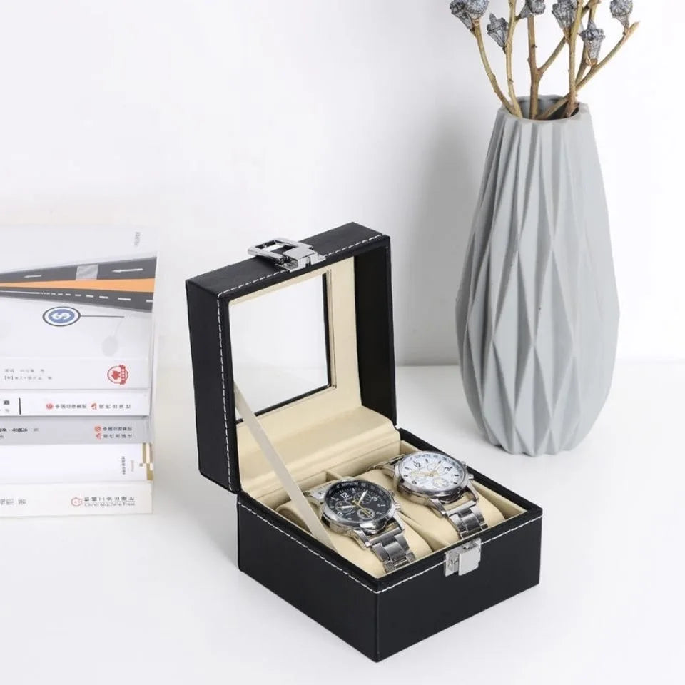 Beige watch storage case gift-ready on a clean tabletop