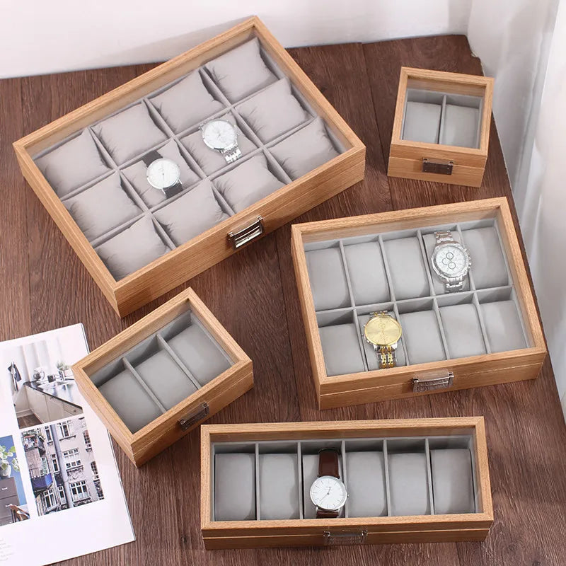 Compact bamboo watch organizer, side view showing dimensions