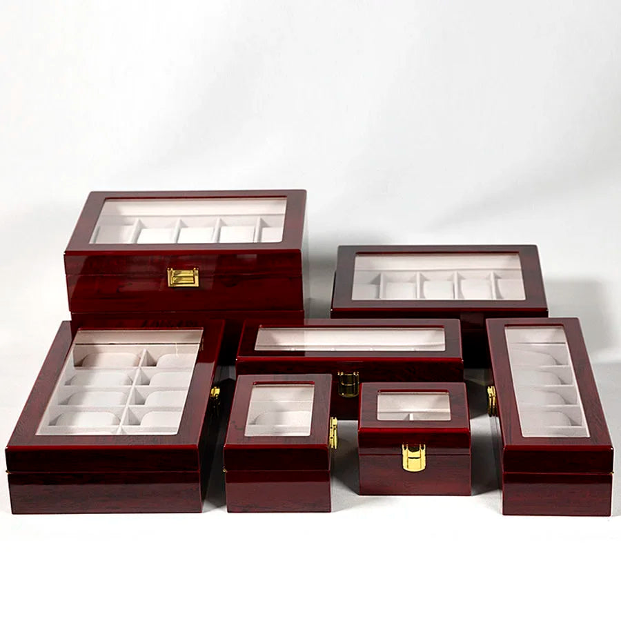 Red MDF watch organizer with removable pillow inserts for watches and bracelets
