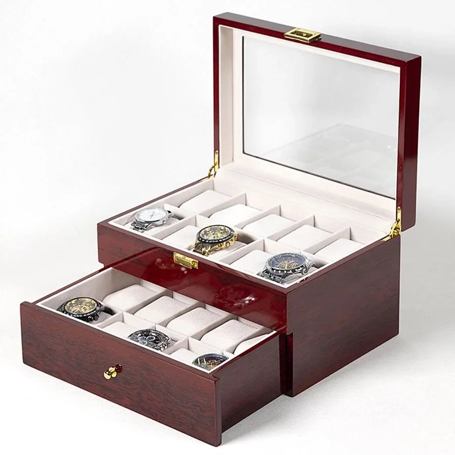 Wooden watch box closed showing elegant wood-finish exterior in black