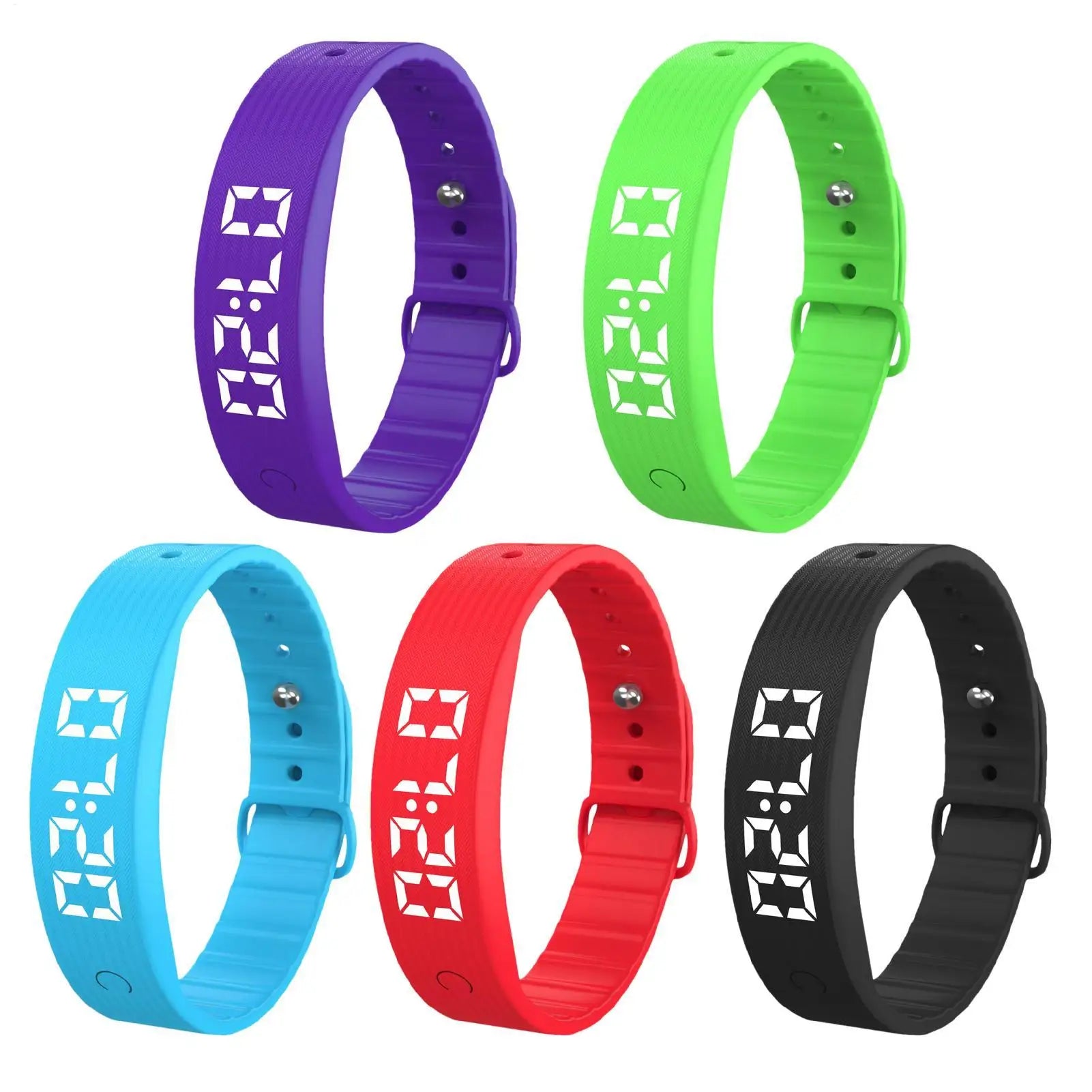 Vibrating alarm bracelet in black silicone on a wrist showing time display