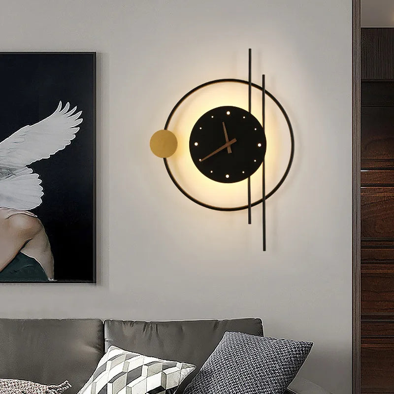 Nordic LED wall sconce with integrated clock in black finish mounted on white wall