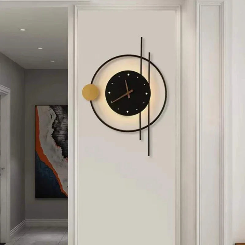 Modern minimalist LED wall light with clock face in bedroom setting
