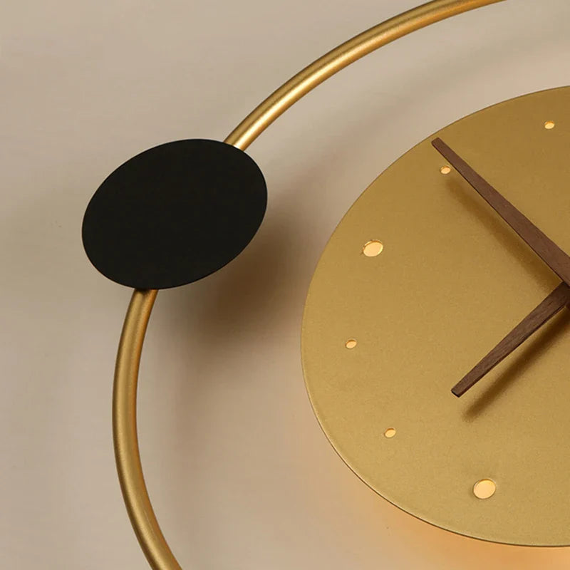Nordic LED sconce clock in living room with warm ambient lighting