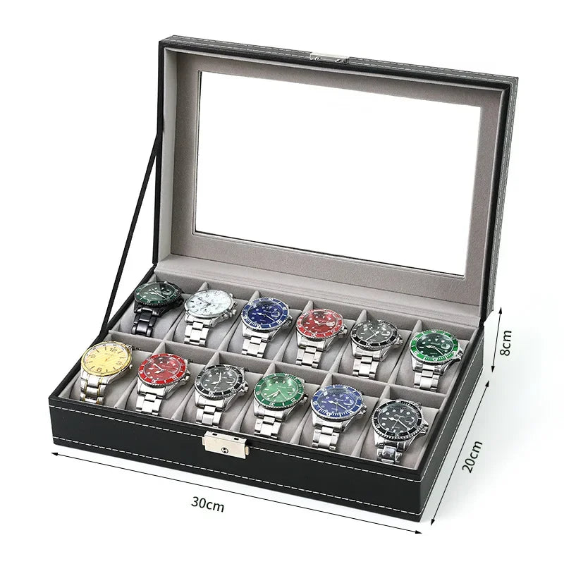 PU leather watch box organizer with multiple slots open on a wooden surface