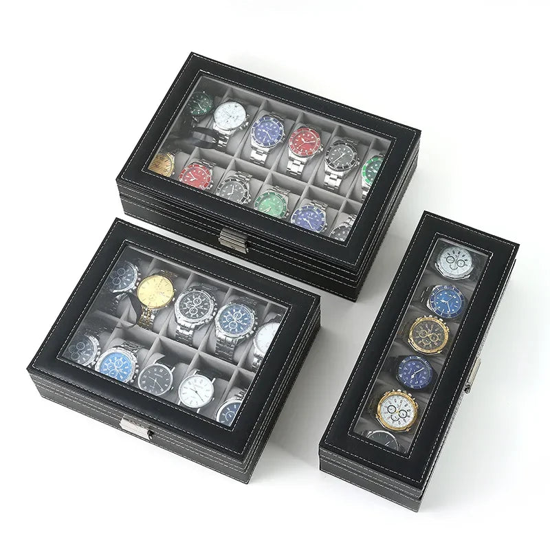 Gray PU leather watch box with 12 compartments holding assorted watches