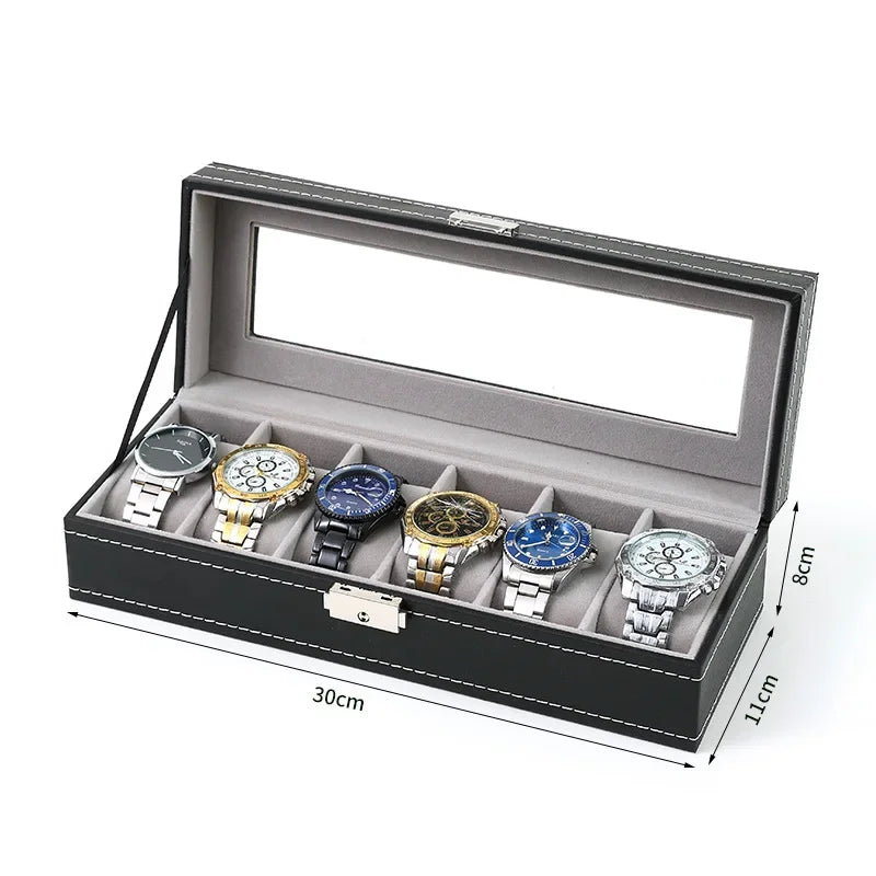 Watch box organizer as a luxury gift with lid open displaying watches