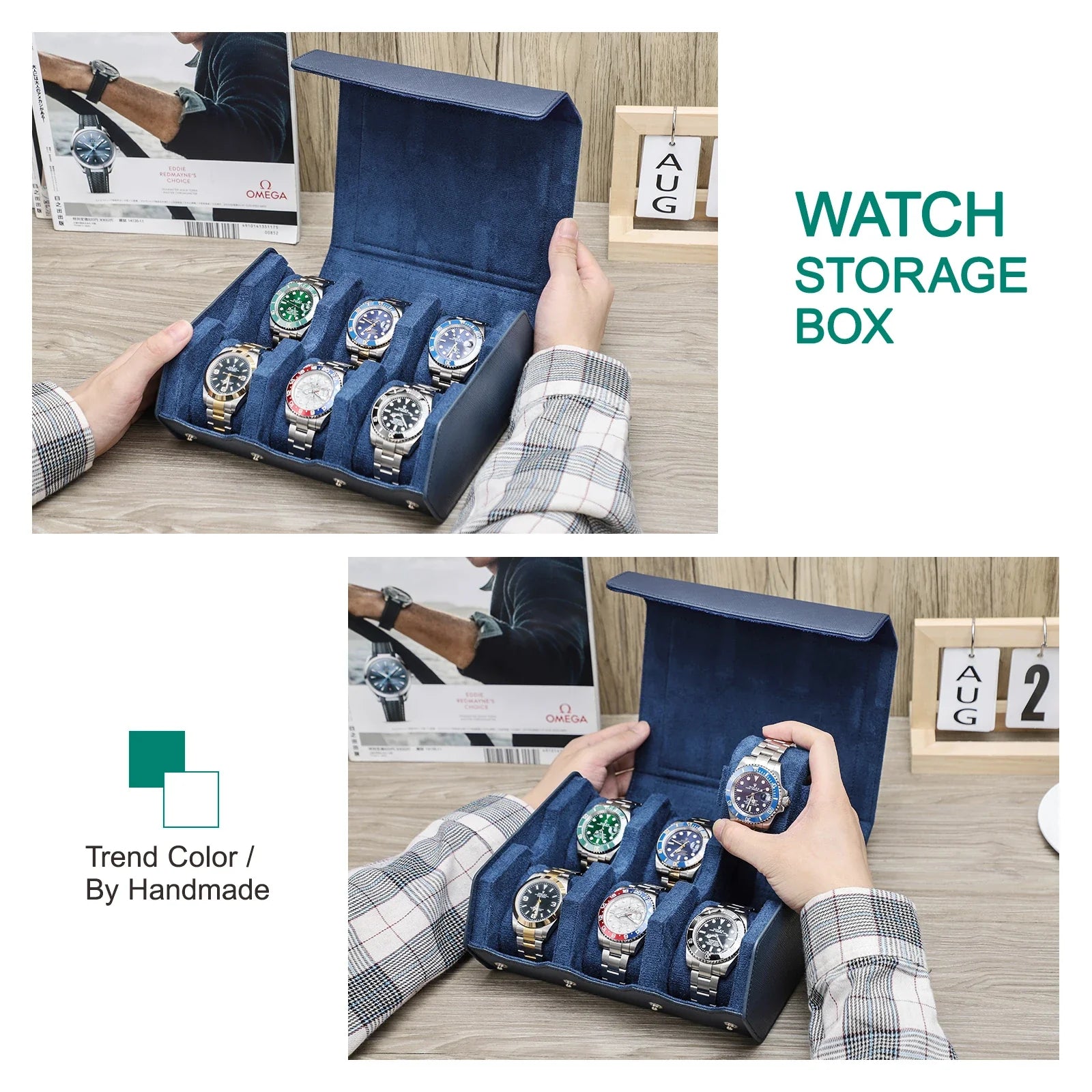 Black leather watch organizer with secure zip closure