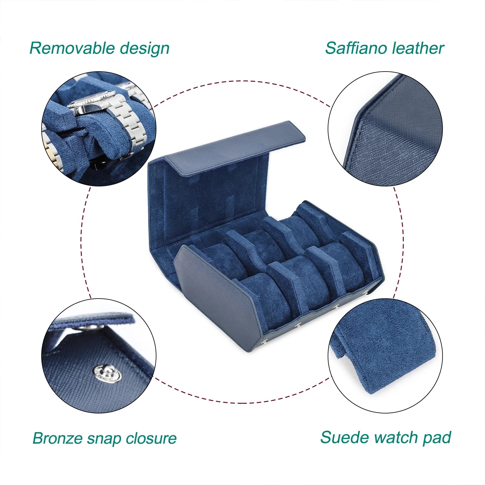 Compact travel watch roll in blue genuine leather