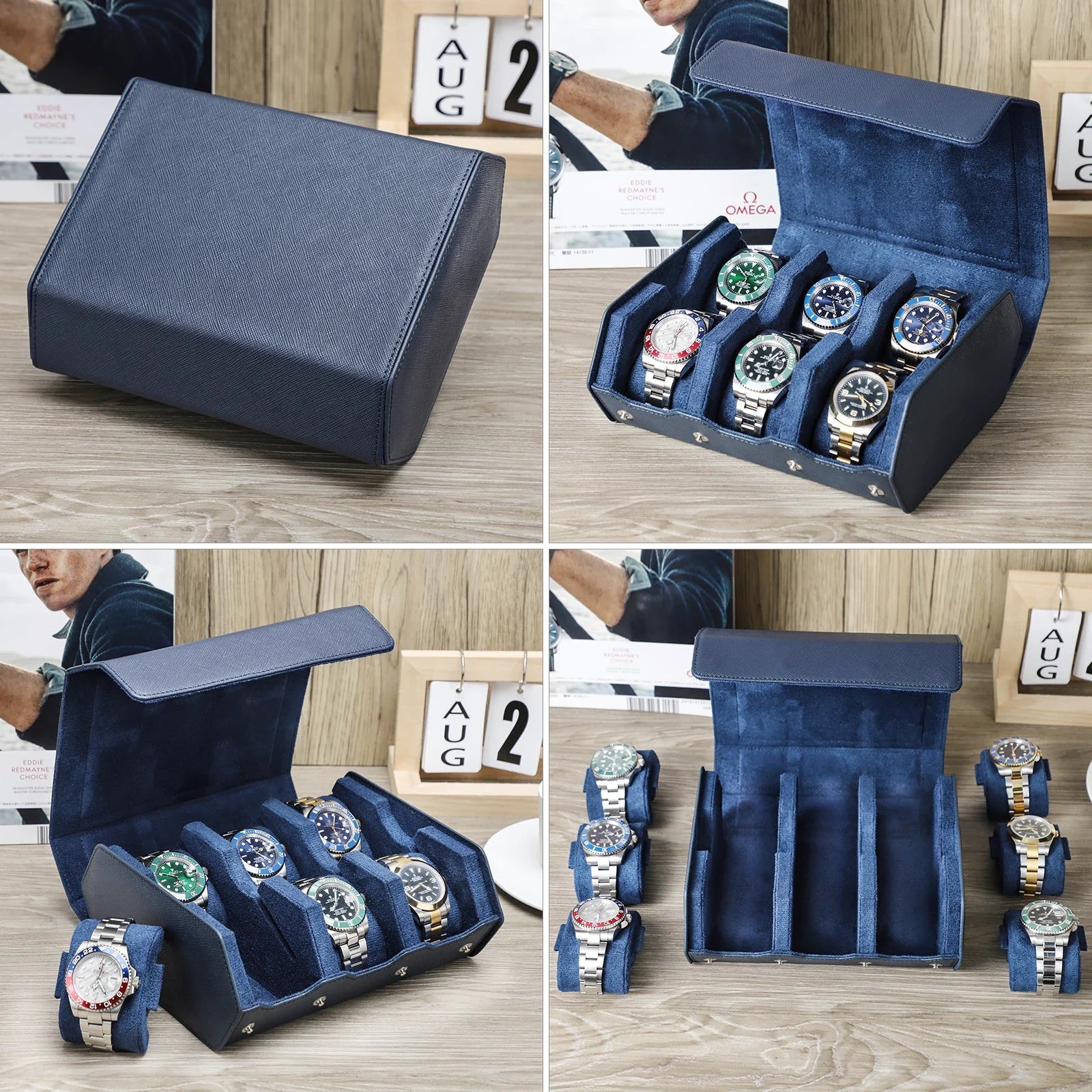 Watch collector organizer case in green leather with padded interior