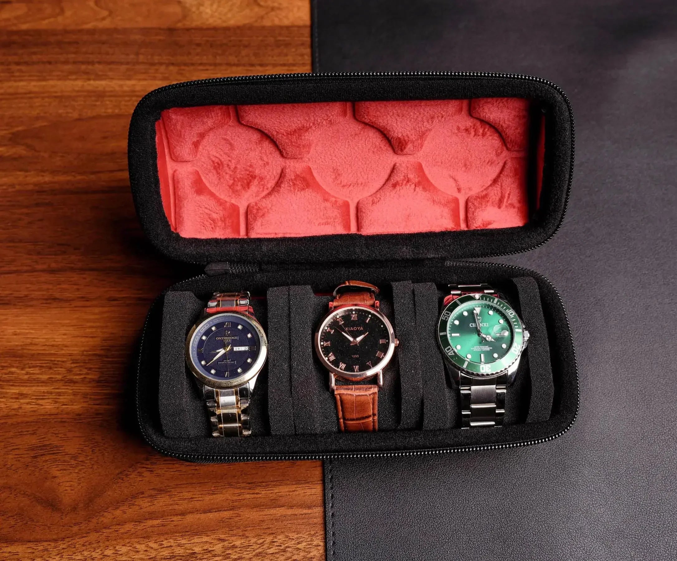 Close-up of soft microfiber interior lining inside a hard shell watch case