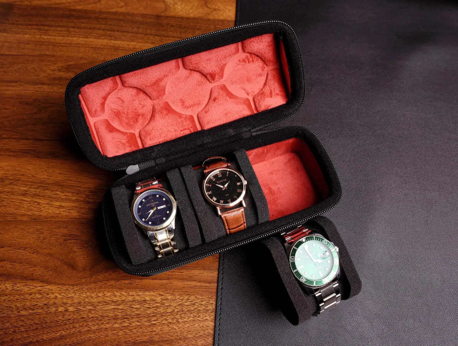 Travel watch case in red and orange color options with 2 and 5 slots