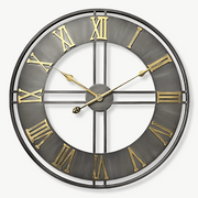 Large industrial metal wall clock with golden Roman numerals, 23-inch diameter, aged brown finish