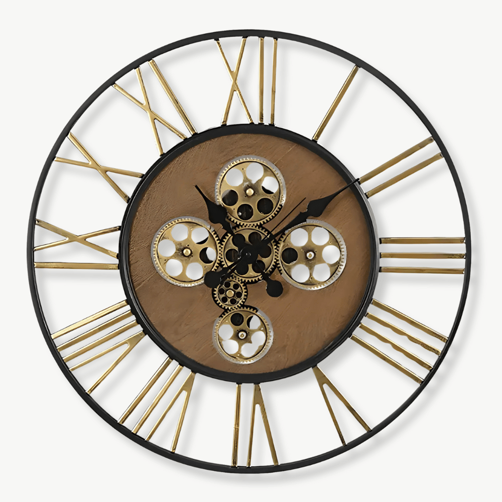 Large steampunk wall clock with spinning golden gears on a living room wall