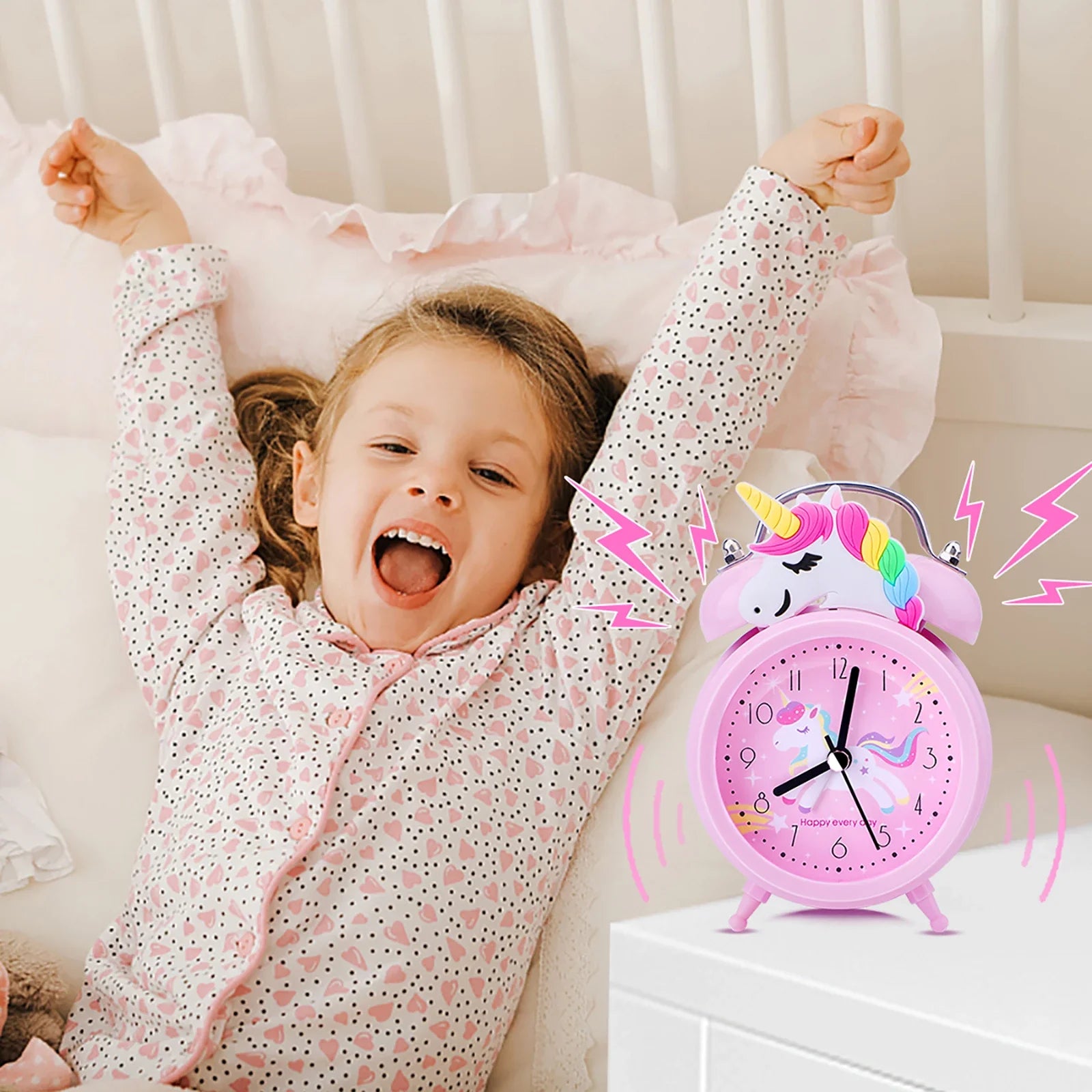 Blue unicorn alarm clock showing 3D analog dial with glow backlight