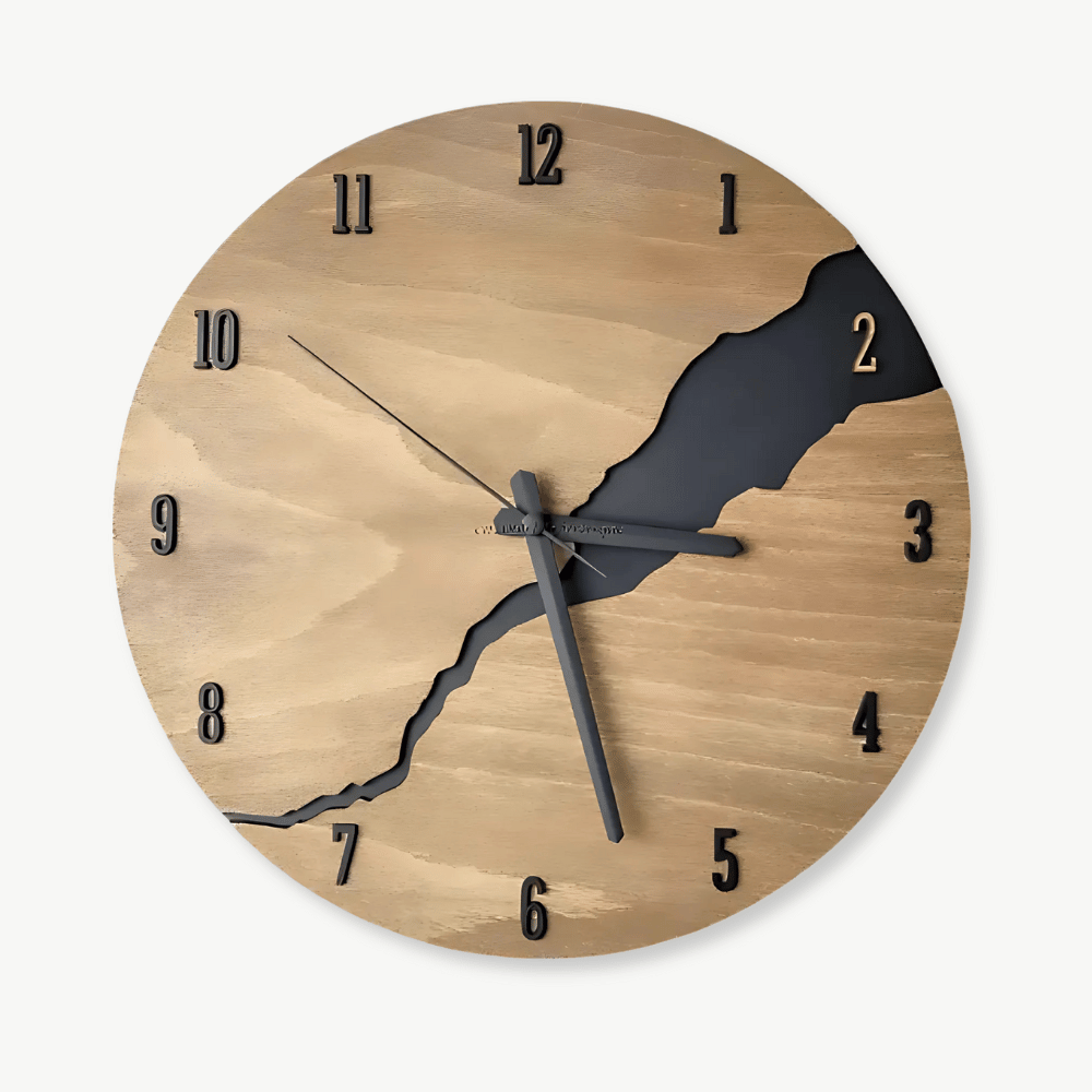 30 cm crackled wood wall clock with bamboo frame on a white living room wall