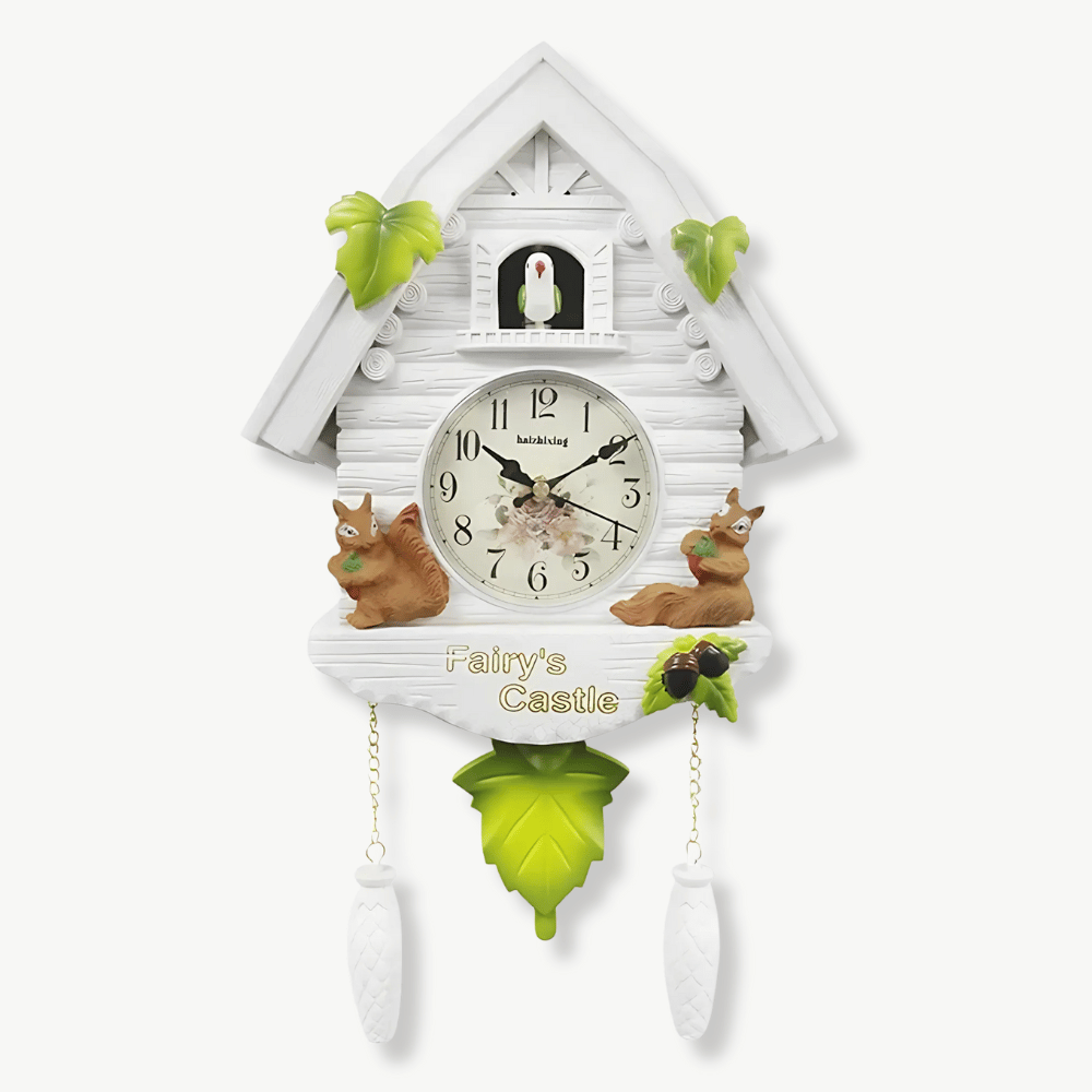 White cuckoo wall clock with 3D flowers and treehouse design on white background