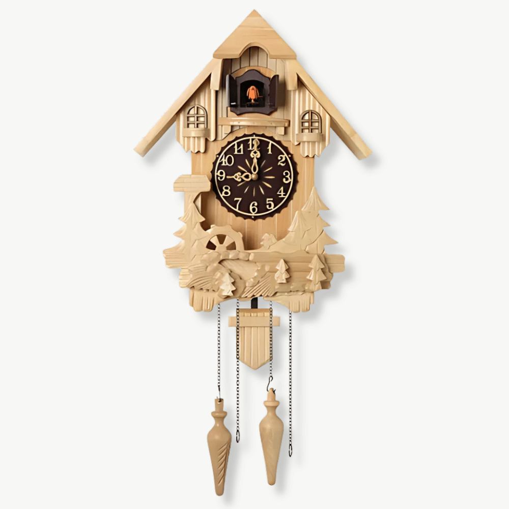 Luxury hand-carved solid linden wood cuckoo wall clock front view