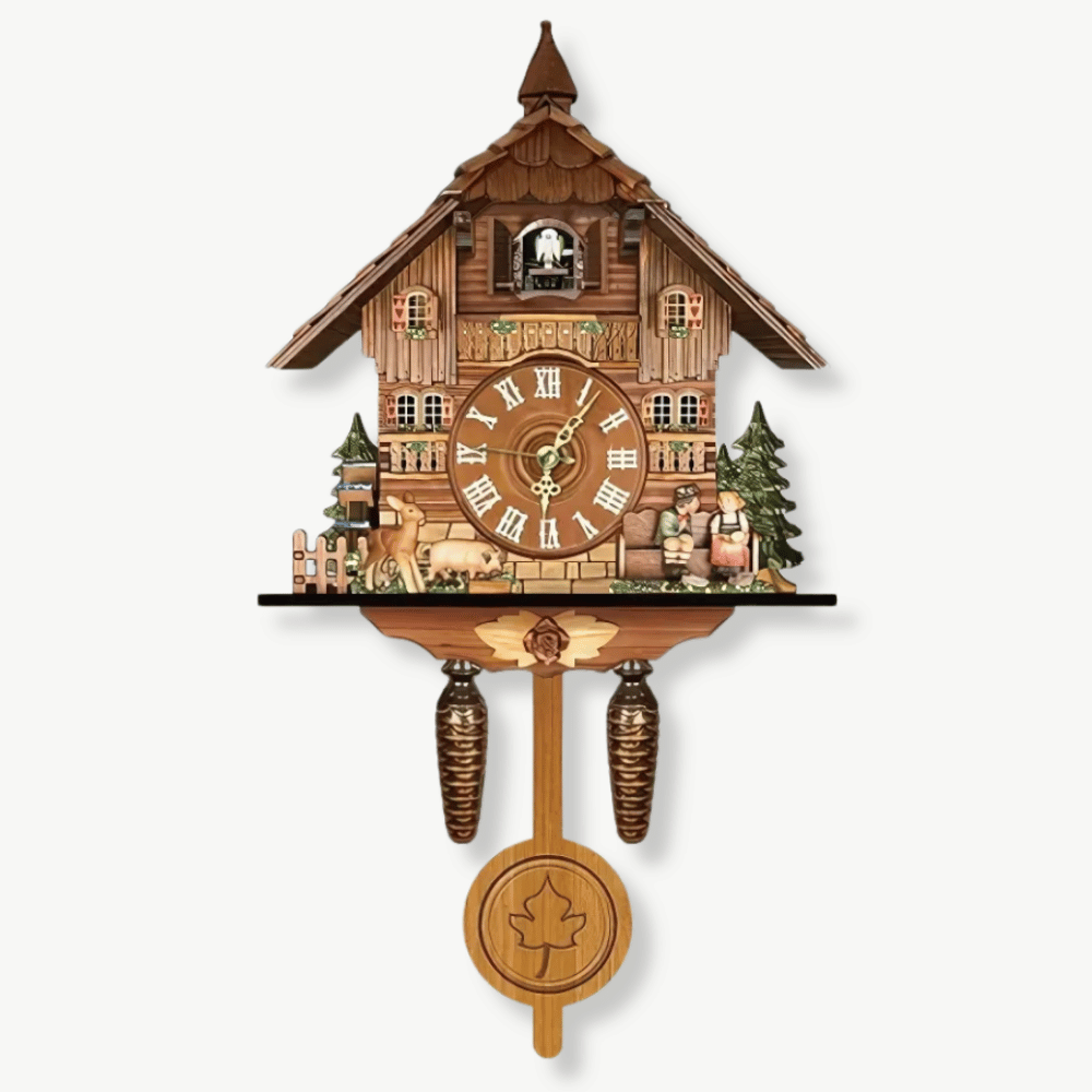 Traditional Black Forest chalet cuckoo wall clock with golden dial and pendulum