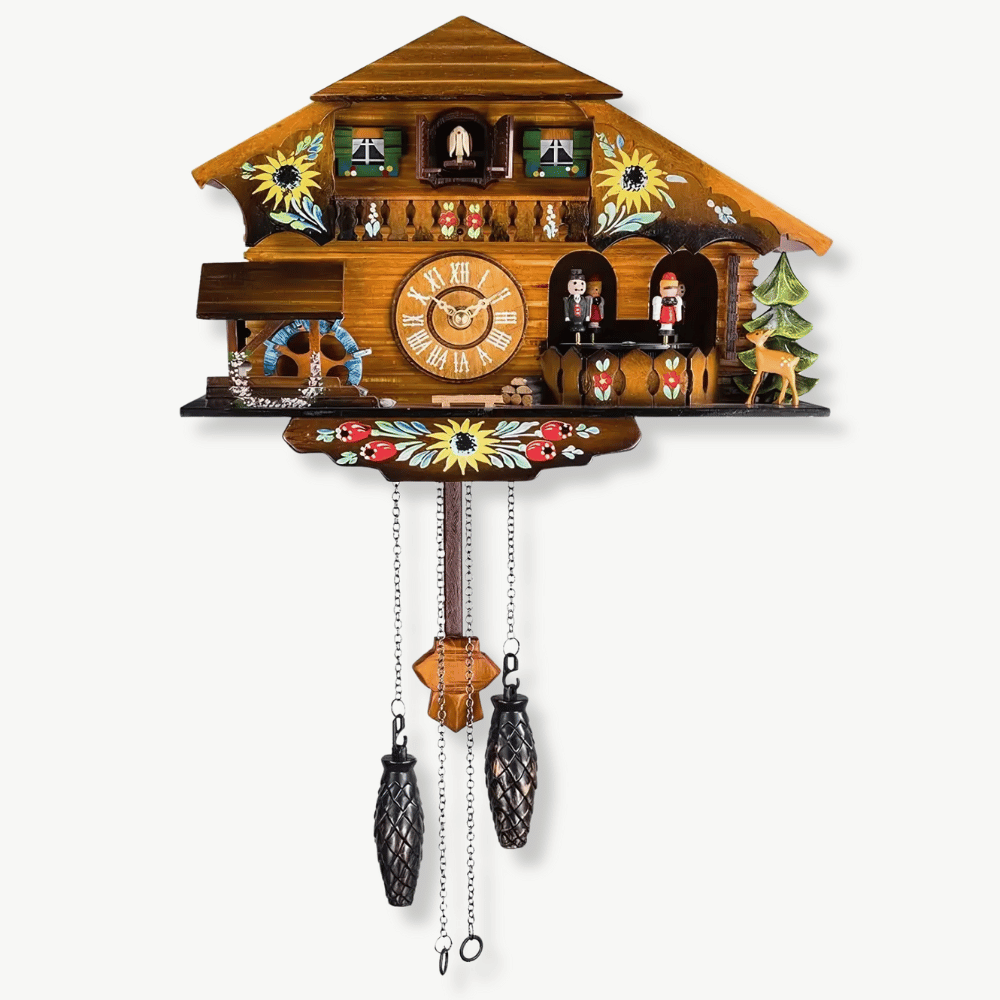 Wood chalet cuckoo clock with dancers and watermill on white background