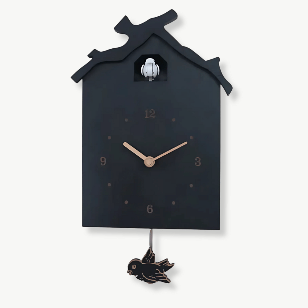 Modern black cuckoo wall clock in wood with minimalist design