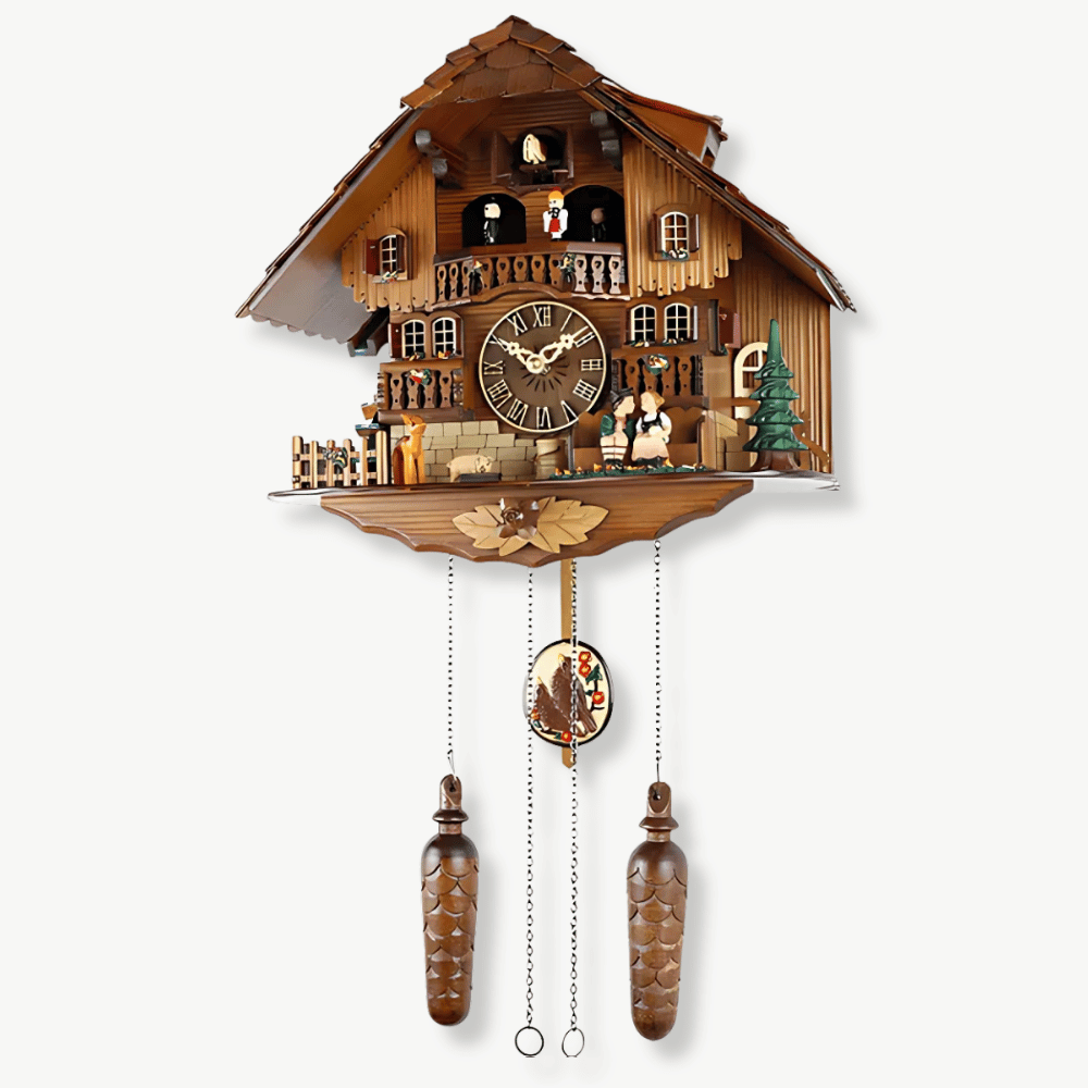 Swiss cuckoo clock with dancing figures and pendulum mounted on wall