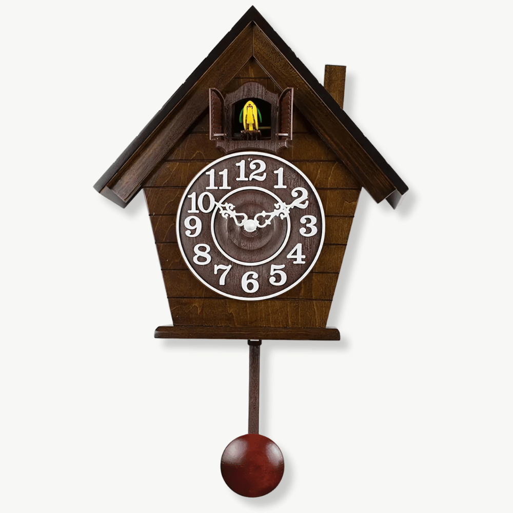 Mechanical cuckoo wall clock with swinging pendulum and Roman numeral dial
