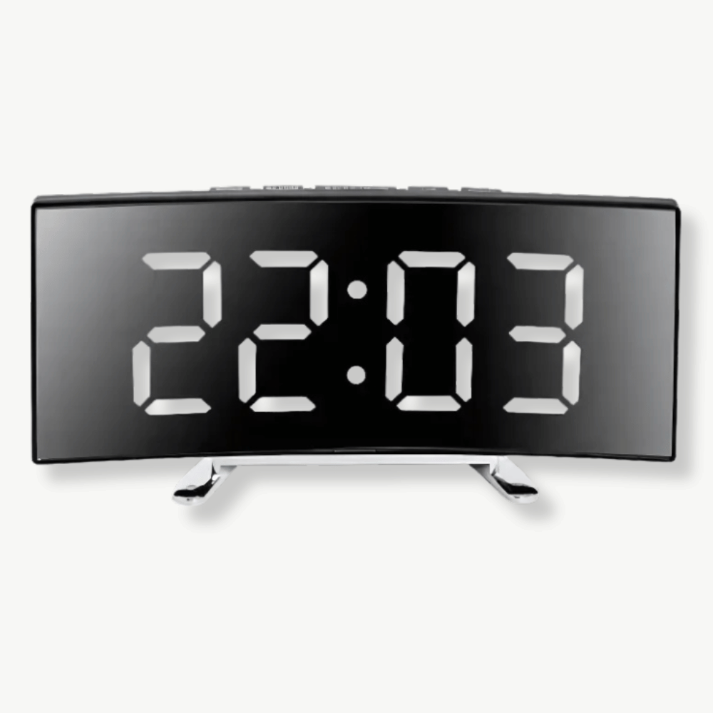 Curved LED digital alarm clock in white showing time and temperature