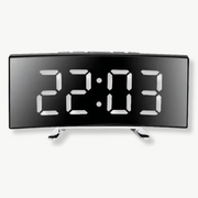 Curved LED digital alarm clock in white showing time and temperature