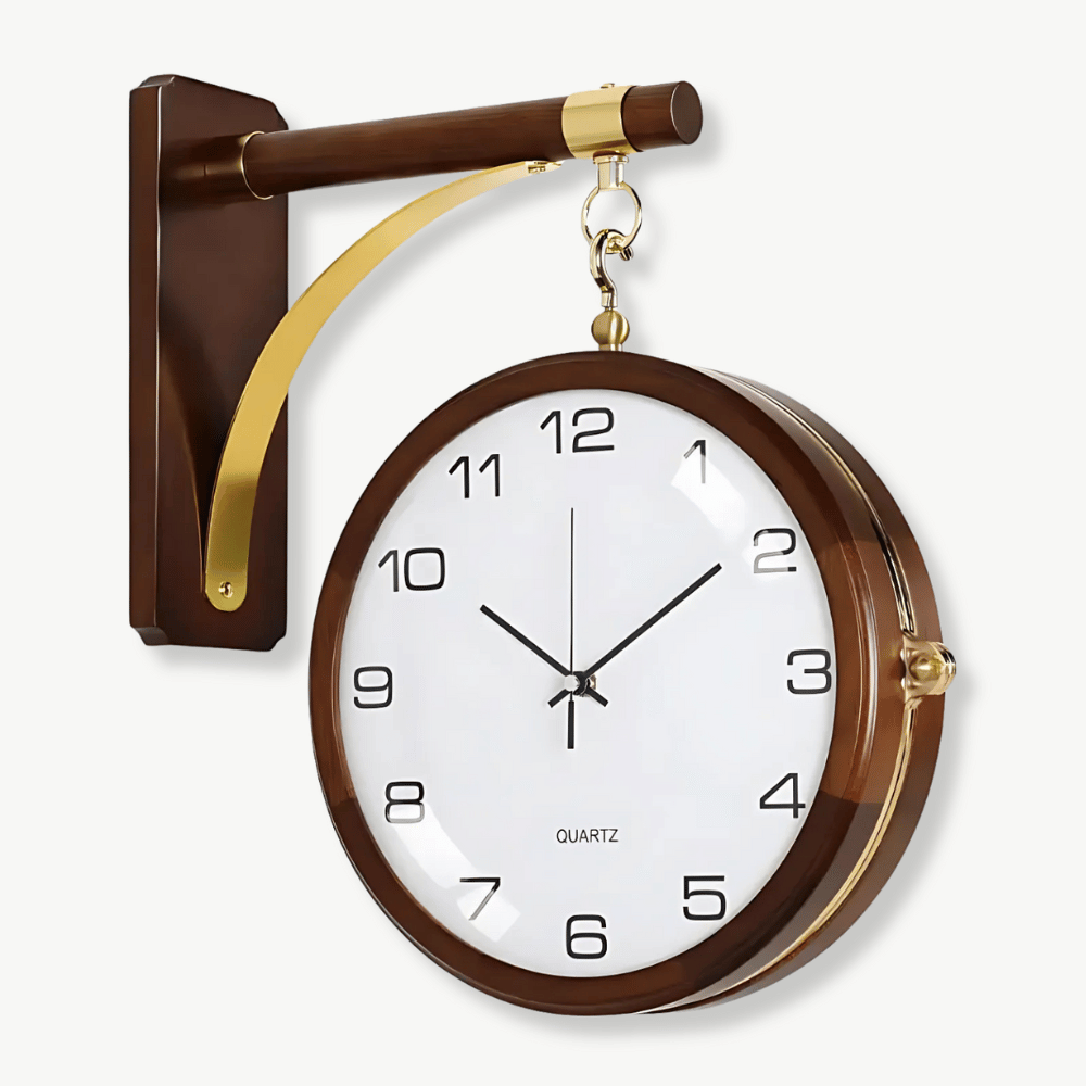 Double-sided wall clock with bamboo wood body and glass mirror face