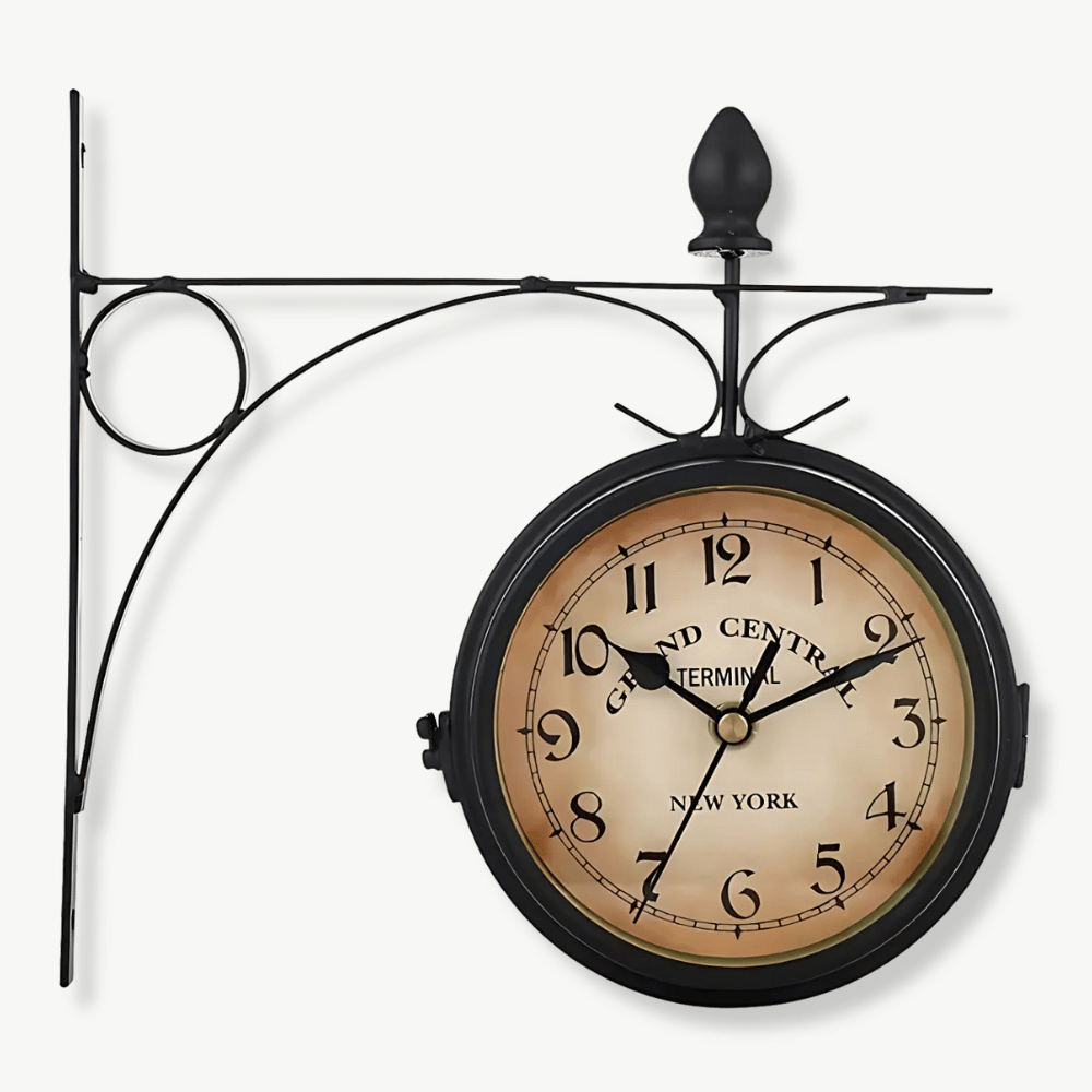 Double-sided New York station wall clock in black with antique iron frame