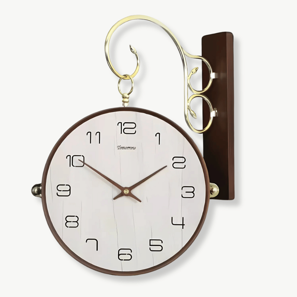 Double-sided wooden wall clock with natural bamboo frame, 28 cm diameter