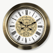 Baroque antique wall clock with glass dial and metal body, 45 cm diameter