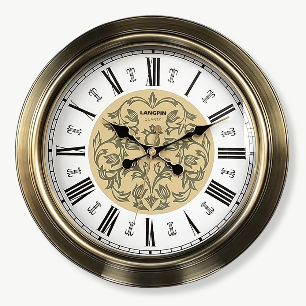 Baroque antique wall clock with glass dial and metal body, 45 cm diameter