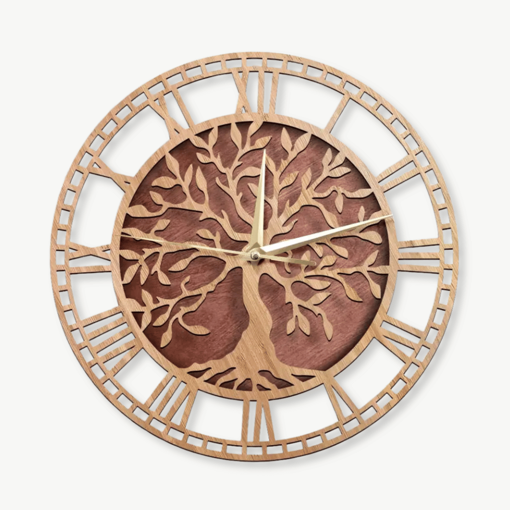 Tree of Life wall clock in natural wood and bamboo, round 12 inch