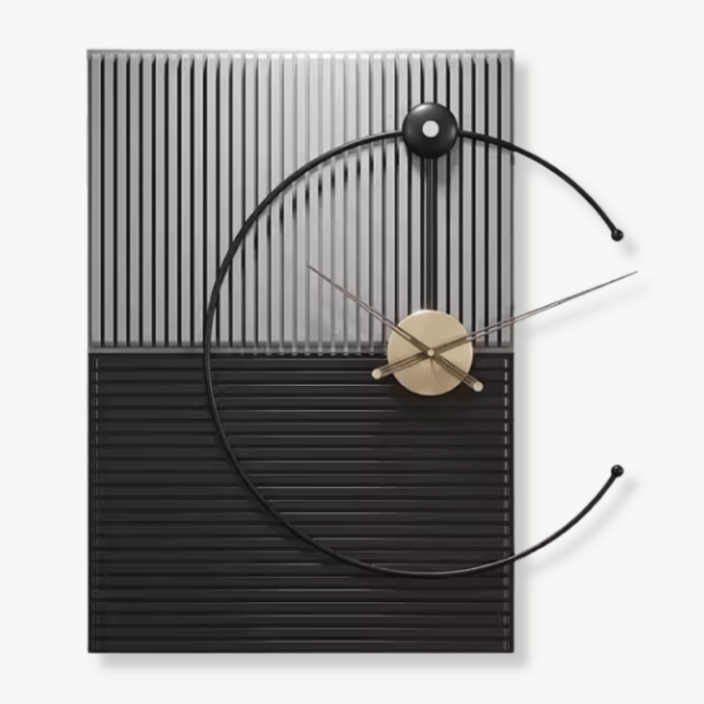 Large architect wall clock with metal frame hanging in a modern living room