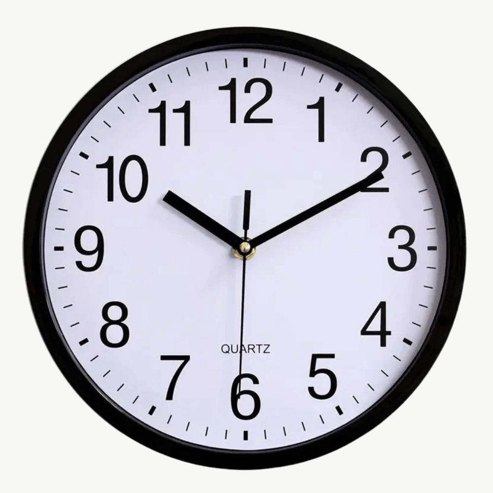 Classic silent analog wall clock in black, 10 inch diameter, mounted on a white wall