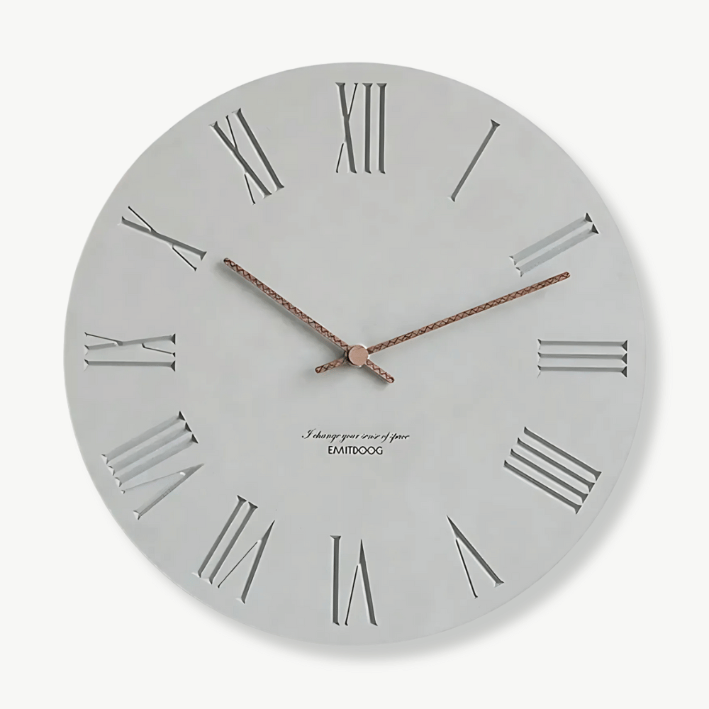 Minimalist wood wall clock 30 cm hanging on a white living room wall